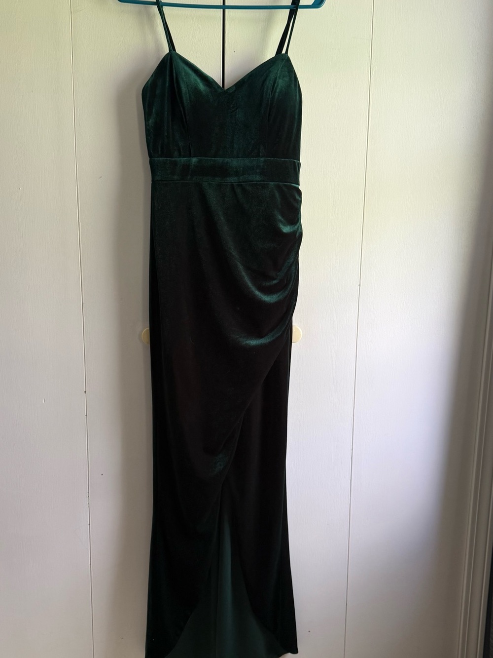 Midnight Doll Velvet Spaghetti-Strap Evening Gown in Dark Green